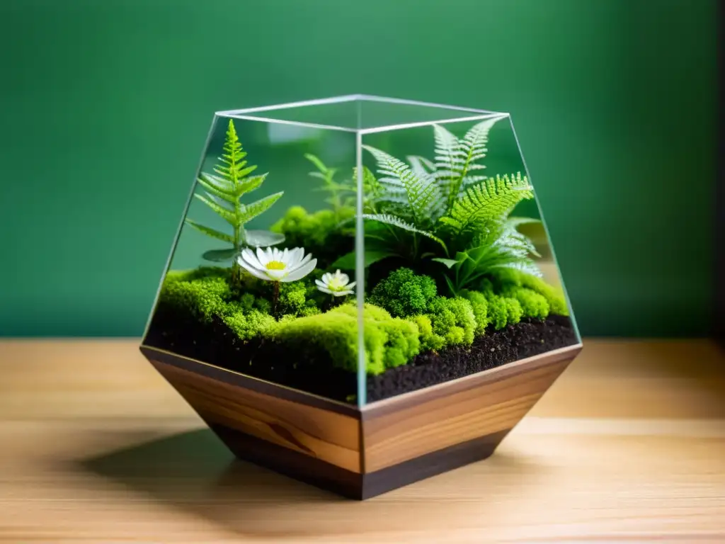 Un terrario de vidrio con musgo verde exuberante, helechos delicados y flores blancas, sobre una base de madera