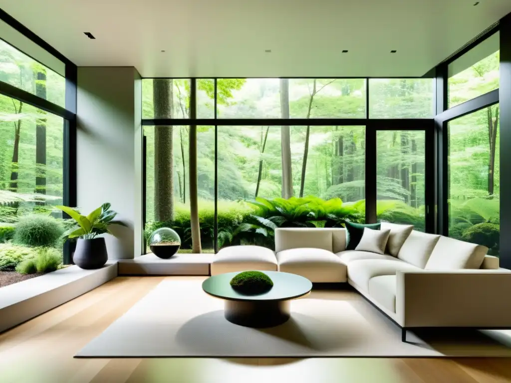 Decoración con terrarios para interiores en sala moderna con vista a bosque verde y diseño minimalista