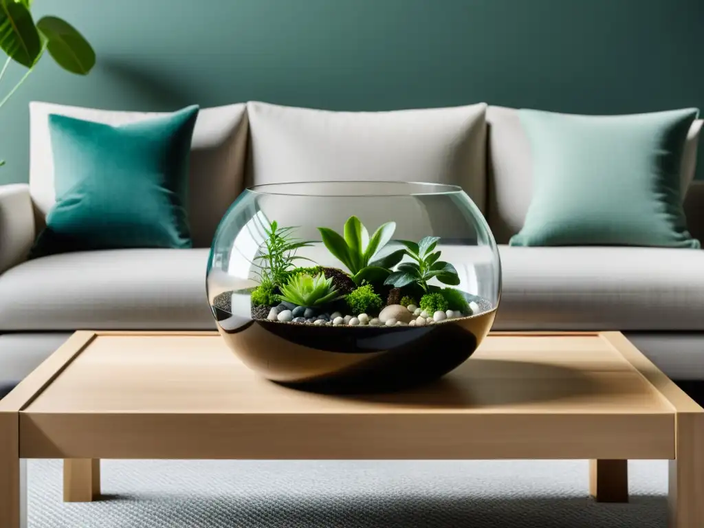 Decoración con terrarios para interiores: Sala moderna con terrario de vidrio y plantas verdes, creando armonía y frescura