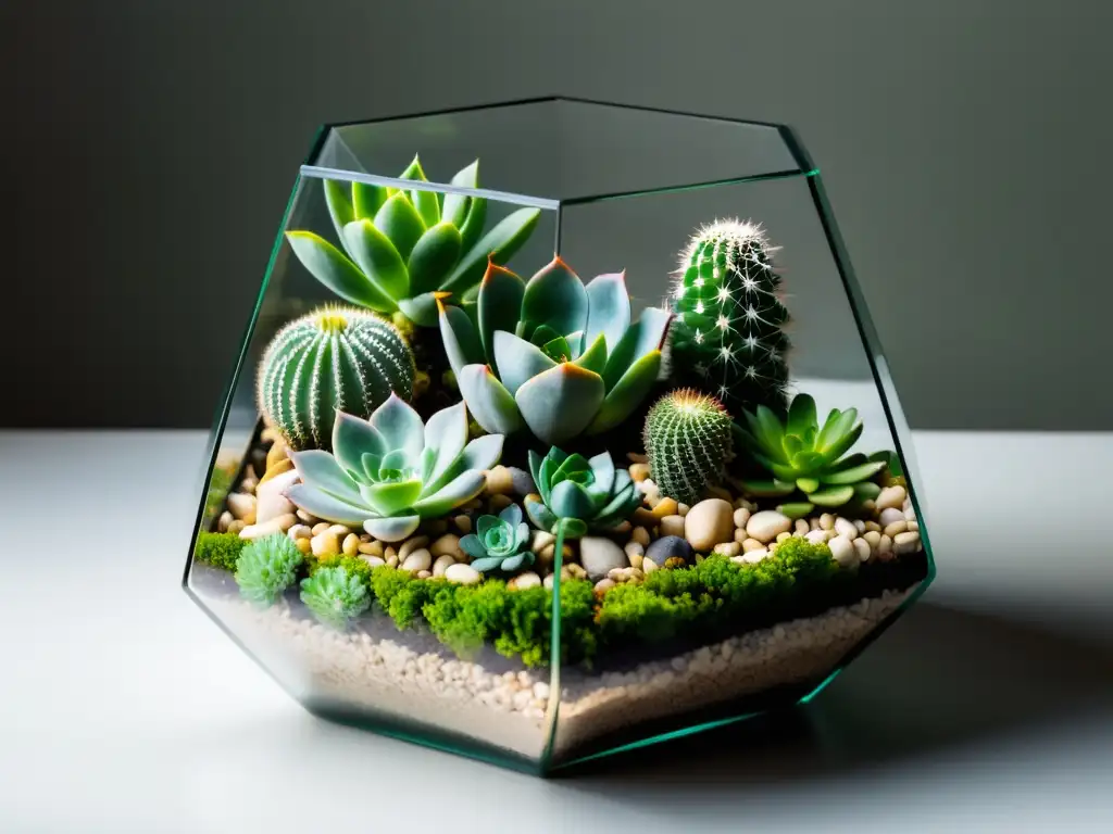 Decoración con terrarios para interiores: Un terrario minimalista con suculentas y cactus en un recipiente de vidrio, sobre fondo blanco