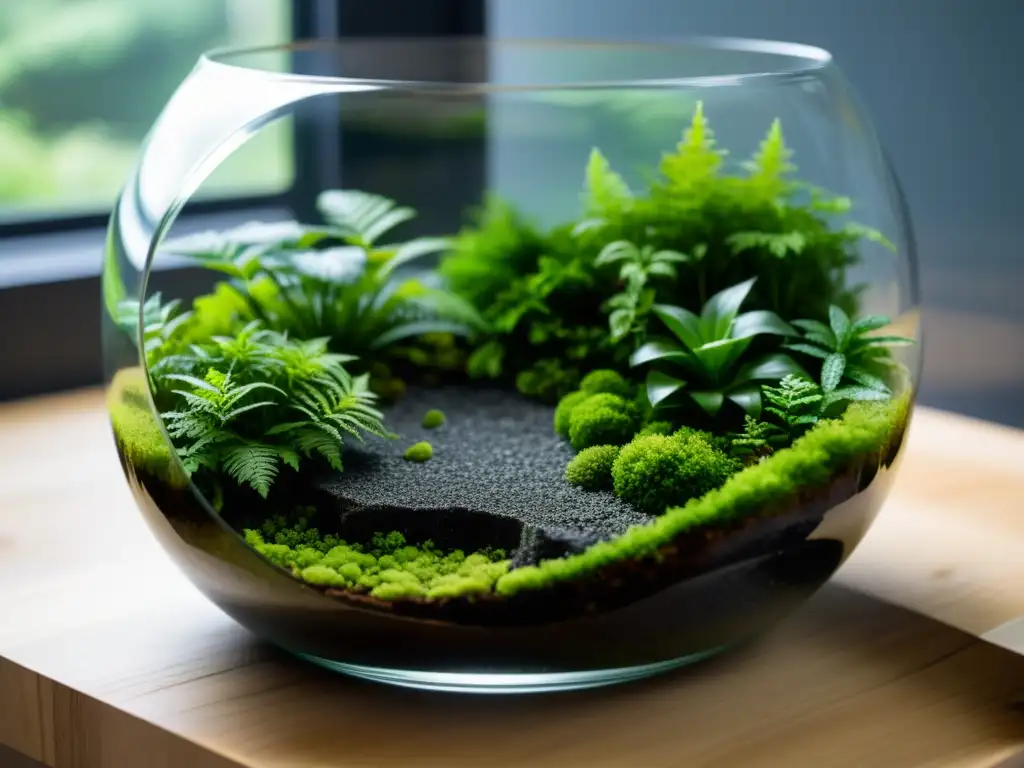 Terrarios para plantas de interior: Ecosistema en un terrario minimalista con exuberante musgo, helechos delicados y una pequeña cascada