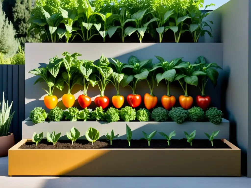 Terraza minimalista con plantas cultivadas en espacios reducidos, evocando tranquilidad y eficiencia en el cultivo de vegetales