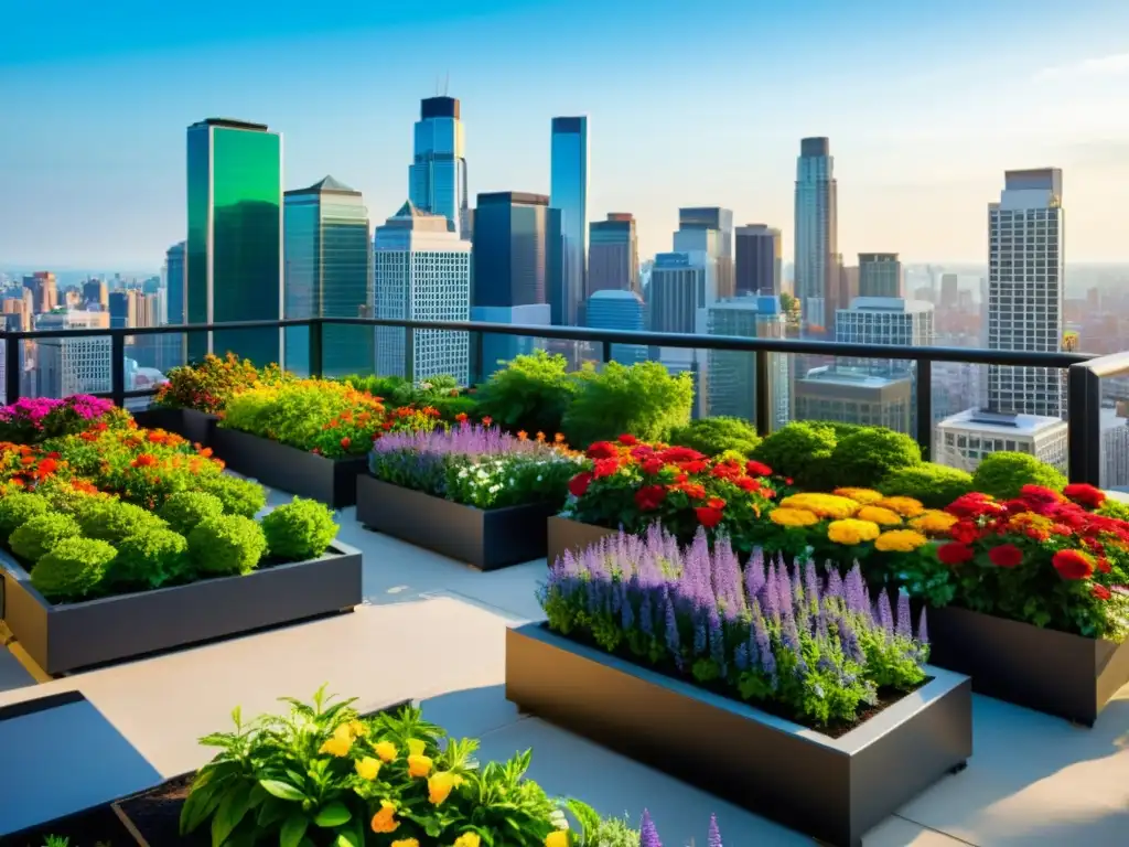 Jardín de terraza con plantas exuberantes y coloridas, creando un oasis en la ciudad