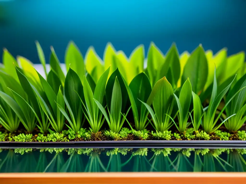 Un jardín acuático interior combina texturas y colores en plantas acuáticas vibrantes, creando un oasis de serenidad