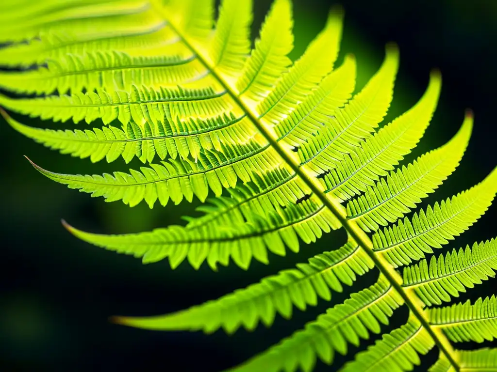 Explorando texturas y colores de plantas: Detalle de helecho verde iluminado, mostrando sus delicadas venas y pelos, evocando belleza natural