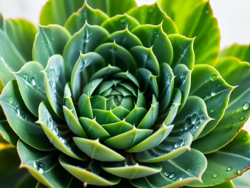 Fotografía de texturas de plantas de interior: Detalle impresionante de una suculenta verde con gotas de agua brillantes