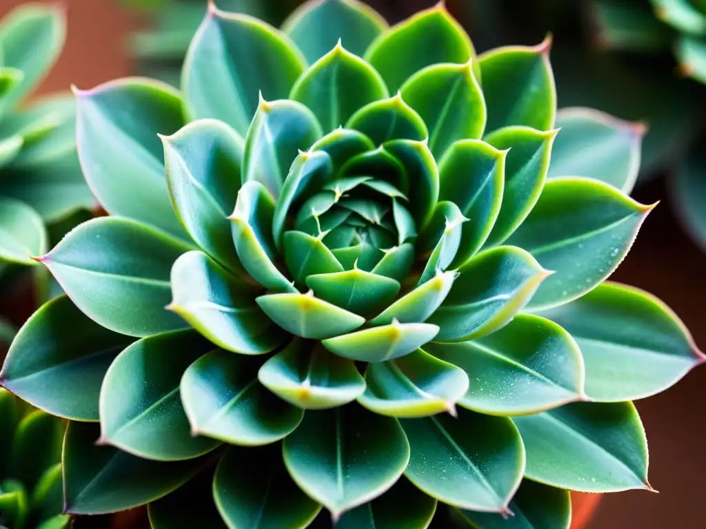 Fotografía de texturas de plantas de interior: Primer plano de una suculenta verde con detalles y texturas, iluminada naturalmente