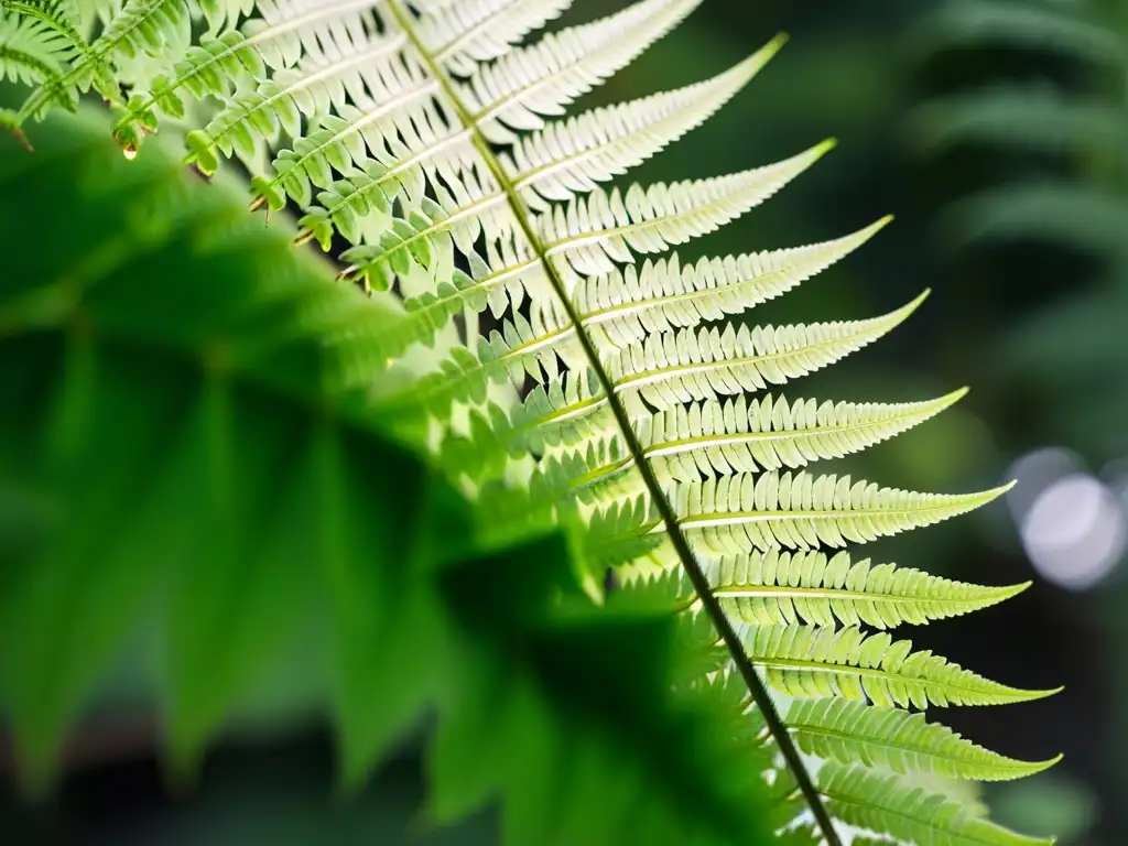 Una fotografía de texturas de plantas de interior: un primer plano de una exuberante hoja de helecho verde, con delicadas venas y texturas nítidas