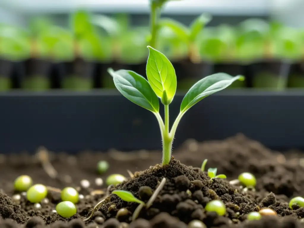 Una tierna plántula emerge de la tierra en un sistema hidropónico, con hojas verdes vibrantes y delicadas raíces visibles