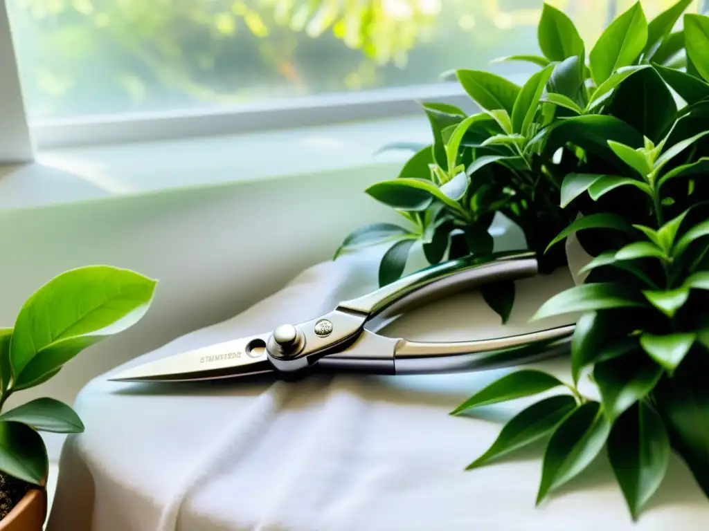 Podadoras de acero inoxidable: precisión y elegancia para tus plantas Unas tijeras de podar de acero inoxidable brillante descansan sobre un paño blanco en medio de plantas de interior vibrantes