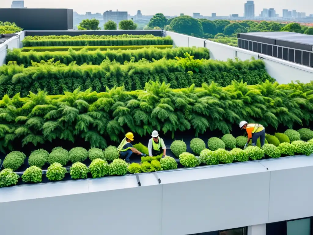 Trabajadores con arneses y cascos instalando vegetación en azotea