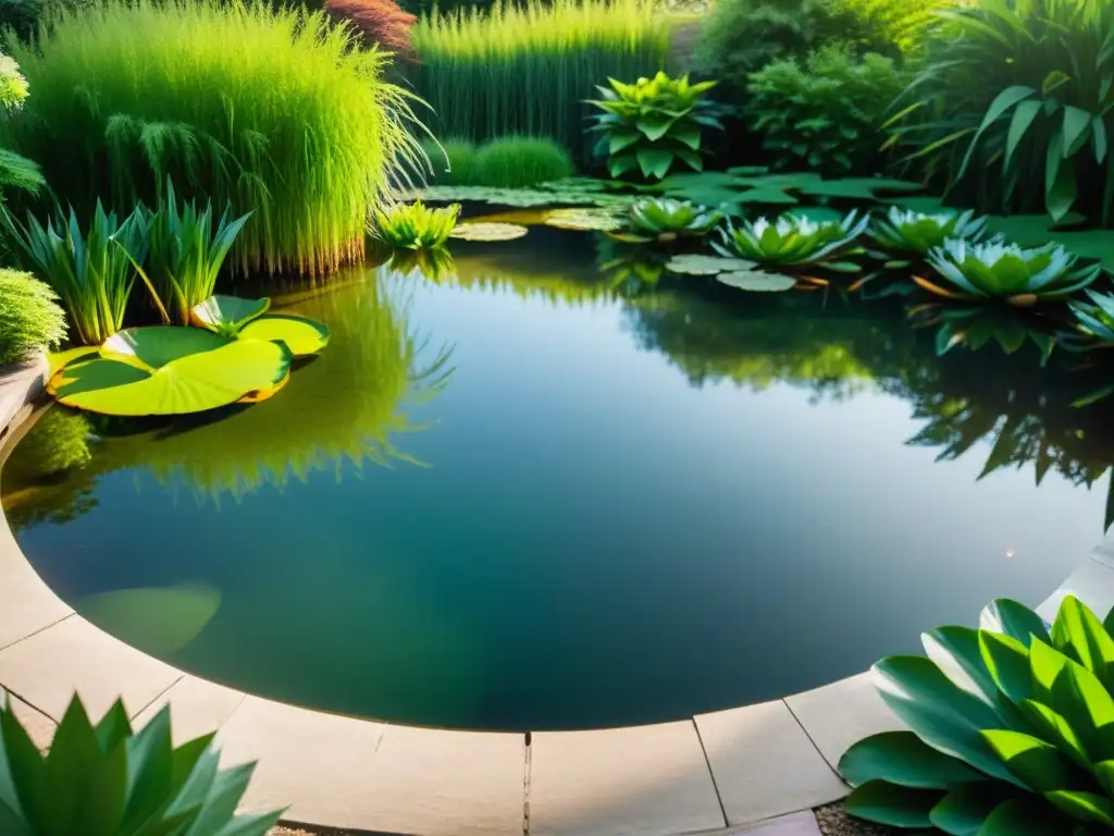 Un tranquilo jardín acuático con plantas purificadoras de agua reflejadas en un estanque sereno