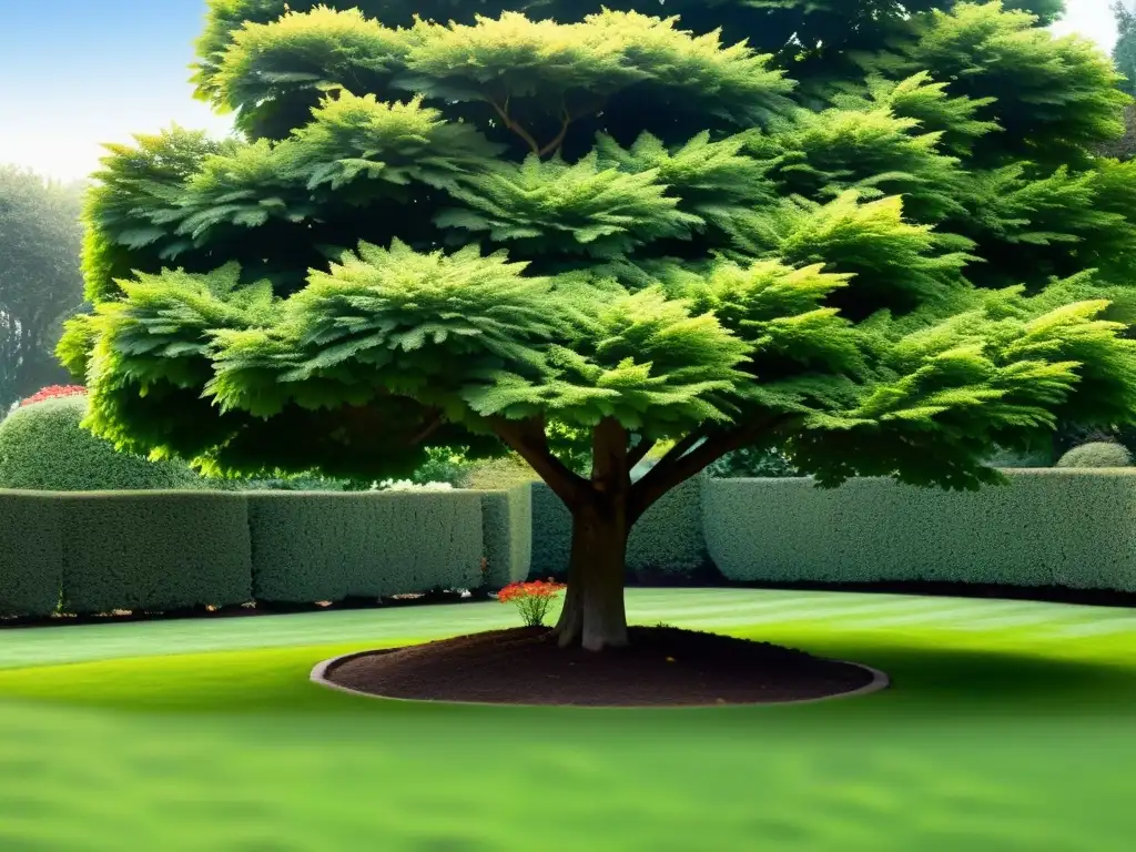 Un jardín tranquilo con un árbol frutal podado con esmero, iluminado por suave luz solar