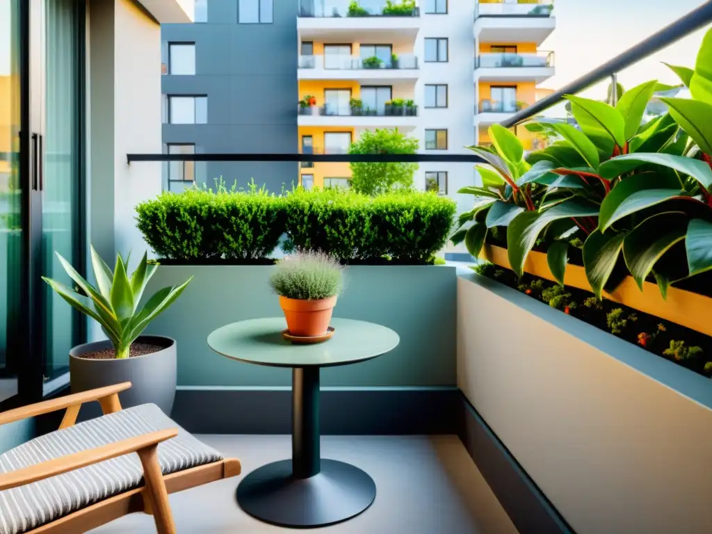 Un tranquilo jardín en un balcón, lleno de plantas en macetas de distintos tamaños y formas