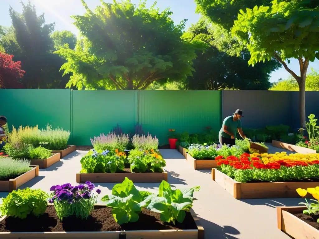 Un tranquilo jardín comunitario con camas ordenadas rebosantes de plantas verdes y flores coloridas