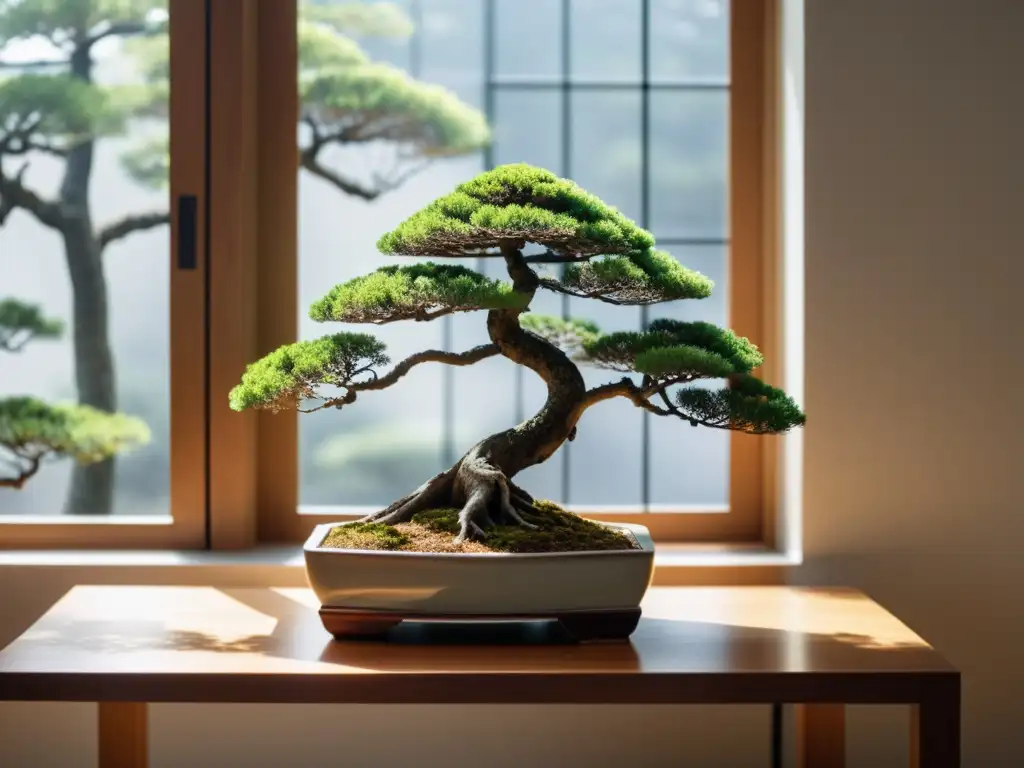 Un tranquilo escenario interior con un pequeño árbol bonsái cuidadosamente podado como protagonista en una mesa despejada