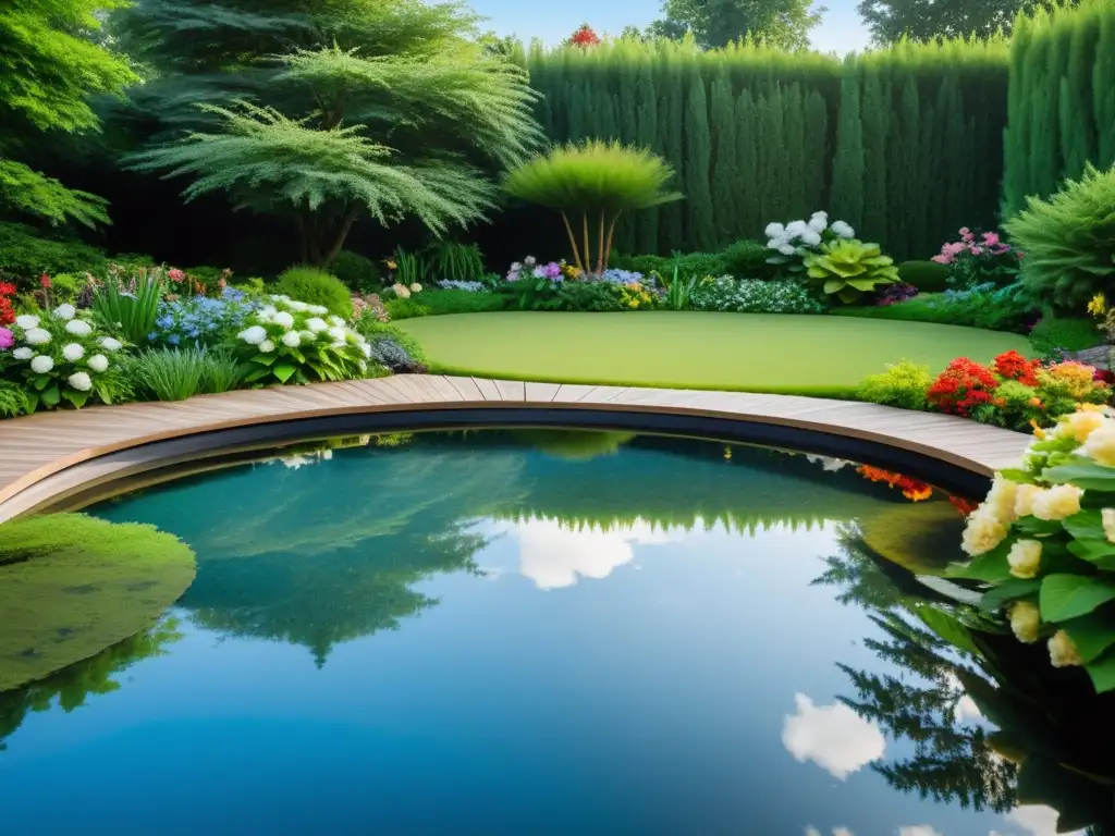 Un tranquilo estanque en un jardín, reflejando el cielo azul y la exuberante vegetación