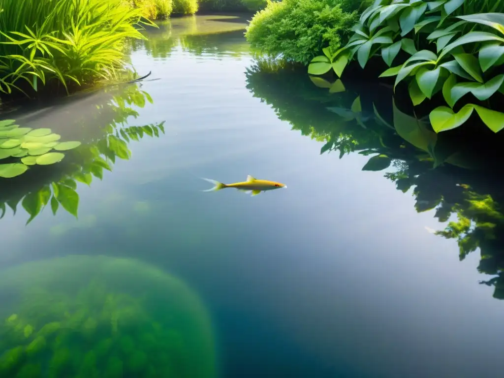 Un tranquilo estanque con plantas acuáticas purificadoras en un jardín, donde los peces nadan en armonía bajo el agua cristalina