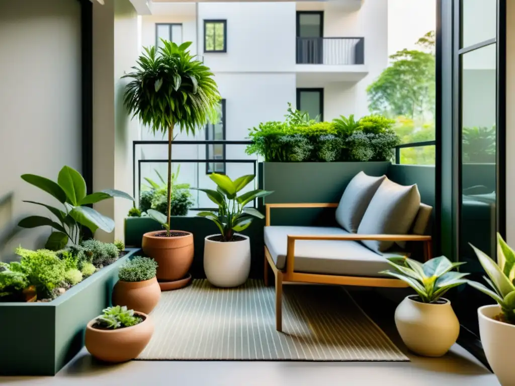 Un tranquilo jardín en miniatura para balcón con plantas ordenadas y un acogedor espacio, bañado por luz natural