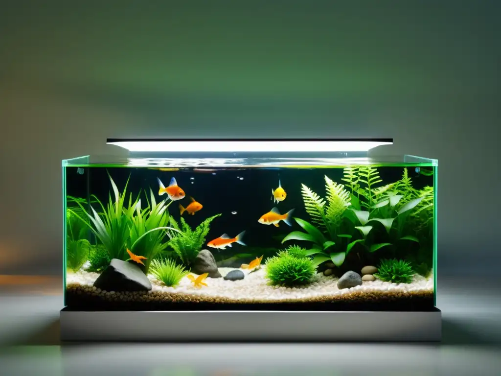 Jardín acuático interior: paisaje sereno con peces dorados Un tranquilo jardín acuático interior con pecera de vidrio, plantas acuáticas verdes, peces dorados y luz natural