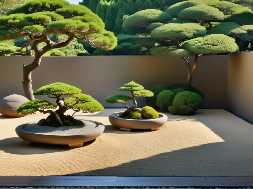 Un tranquilo jardín de rocas japonés con una combinación de bonsáis para micro bosque, bañado por la suave luz de la tarde