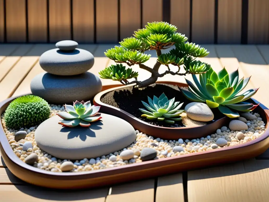 Un jardín Zen tranquilo con ubicación estratégica de plantas feng shui, creando armonía y equilibrio