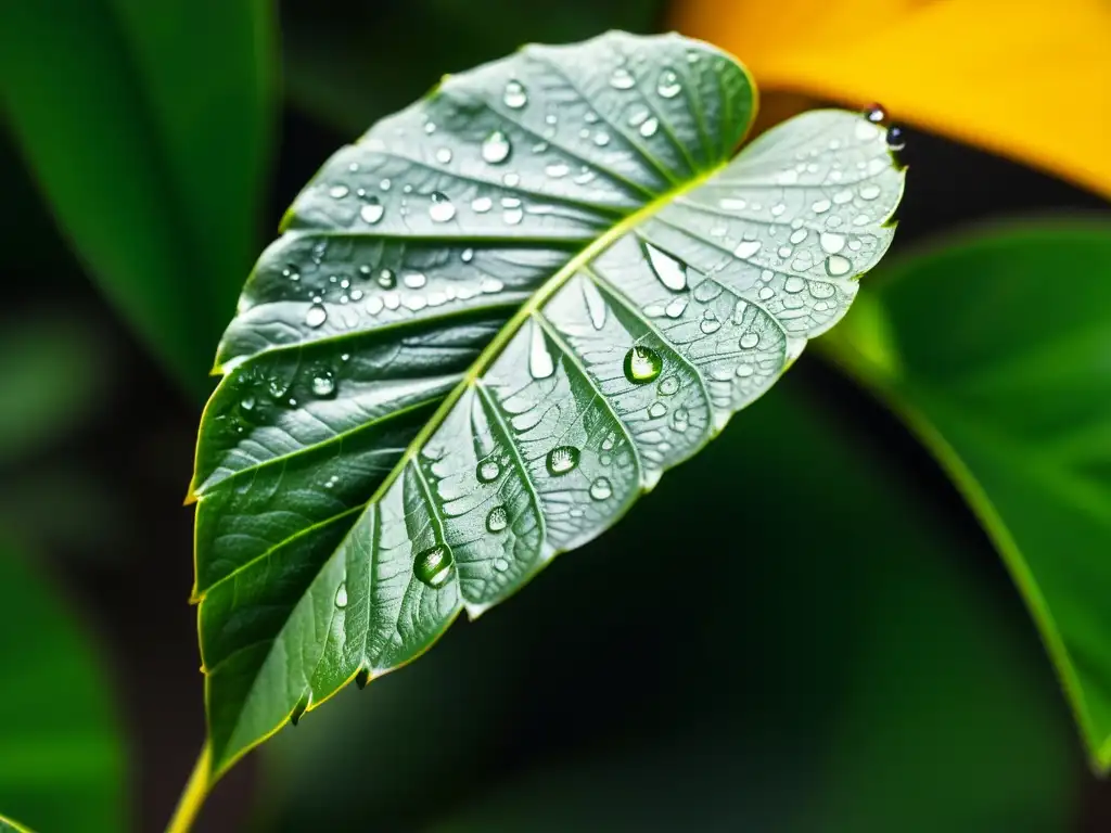 Fotografiando la transpiración en plantas: Detalle de planta de interior con gotas de agua en las hojas, evocando belleza natural y tranquilidad