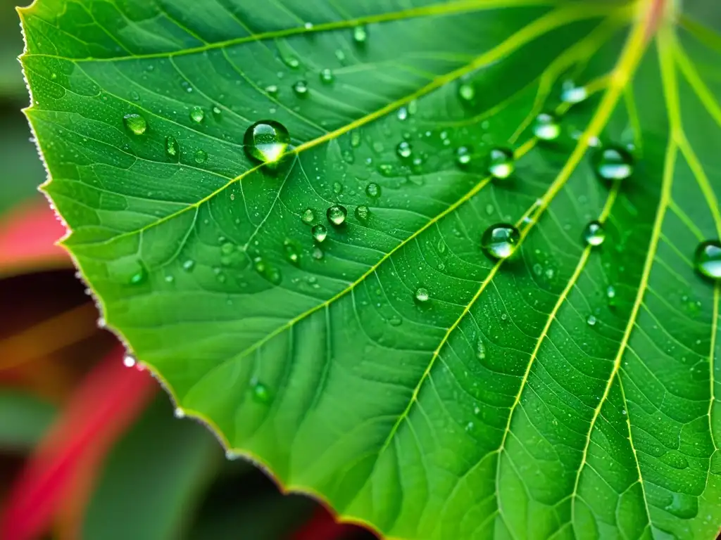 Fotografiando la transpiración en plantas: Gotas de agua brillan en una hoja verde, destacando su belleza natural y el proceso de transpiración