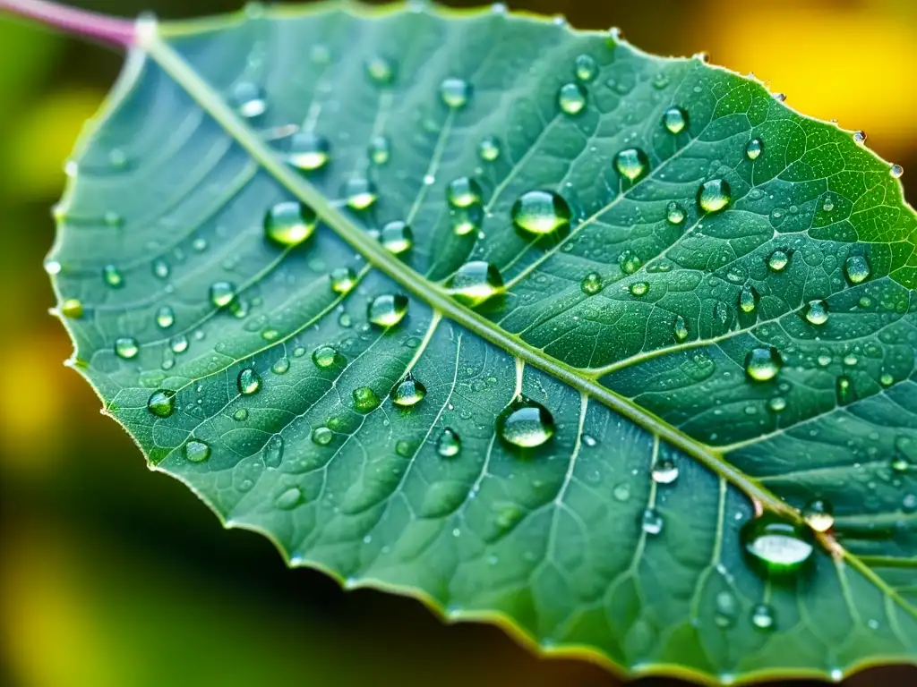 Fotografiando la transpiración en plantas: gotas de agua brillan sobre una hoja verde, revelando su intrincada red de venas y delicados vellos