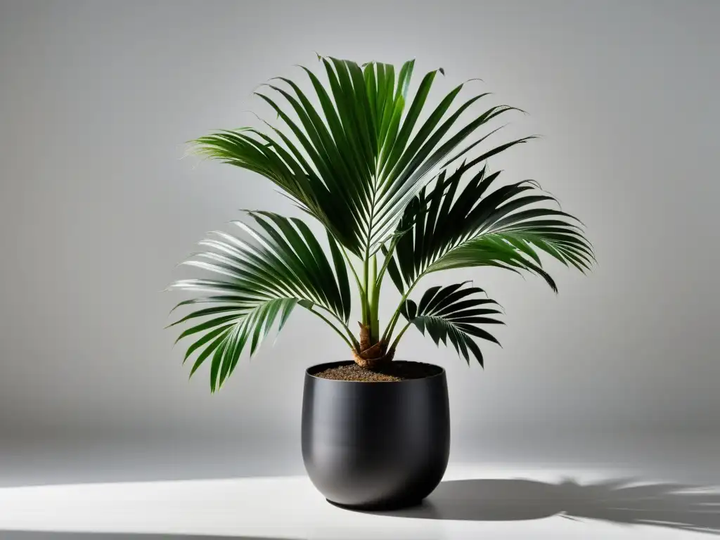 Un trasplante seguro de Areca Palm en interior: una exuberante palma Areca en una elegante maceta negra, emanando armonía y sofisticación