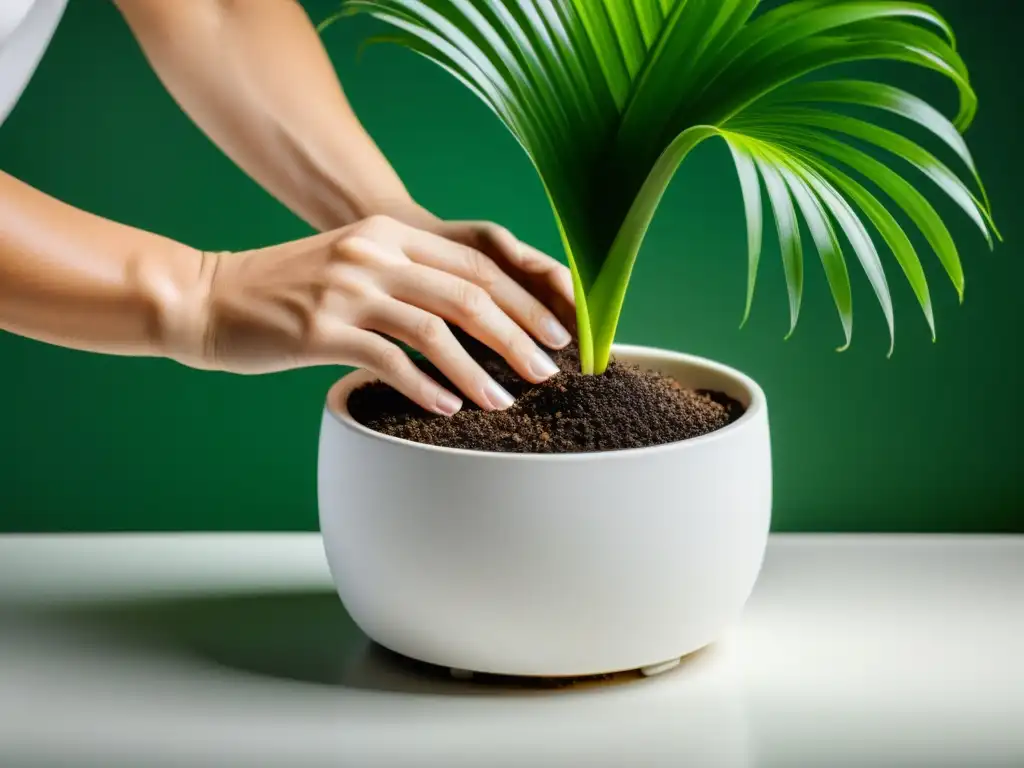 Trasplante seguro de Areca Palm en interior: Manos cuidadosas repotando la planta en una elegante maceta blanca, frondas verdes vibrantes