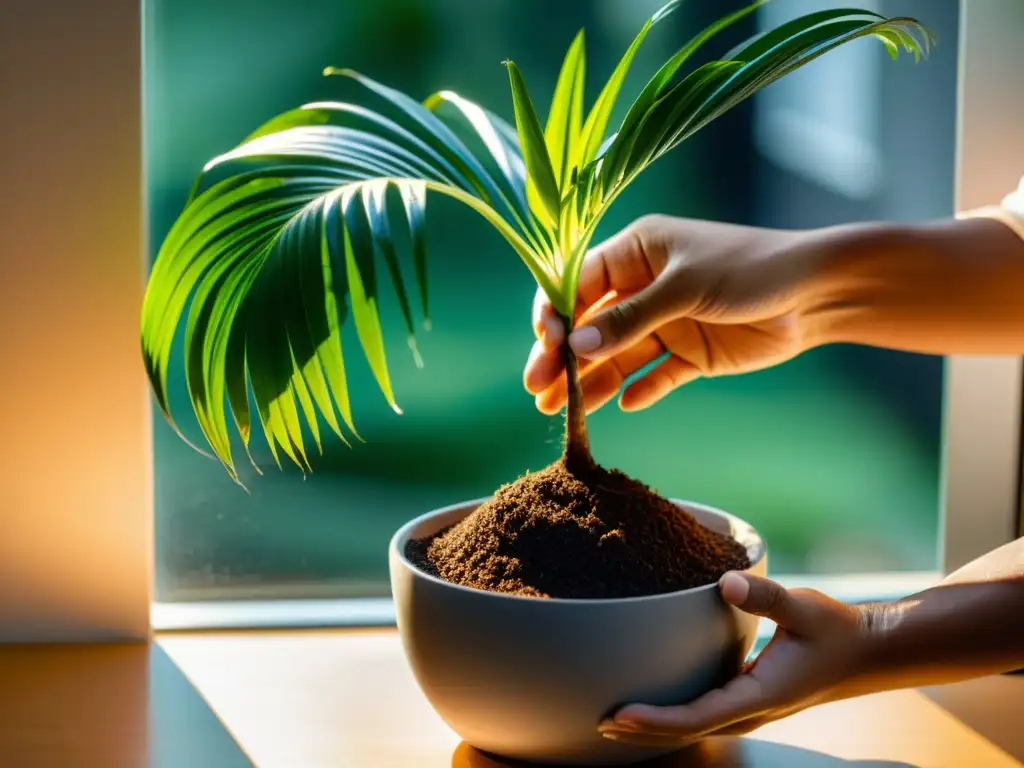 Trasplante seguro de Areca Palm en interior: manos cuidadosas replantan la exuberante planta en una maceta moderna, bañadas por la cálido luz solar