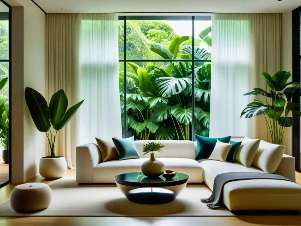 Decoración tropical con anturios y filodendros en elegante sala moderna inundada de luz natural