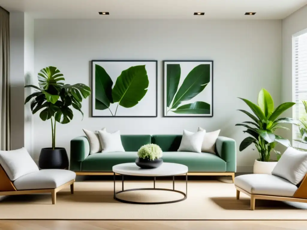 Decoración tropical con anturios y filodendros en un salón minimalista y moderno con plantas verdes exuberantes en macetas blancas elegantes