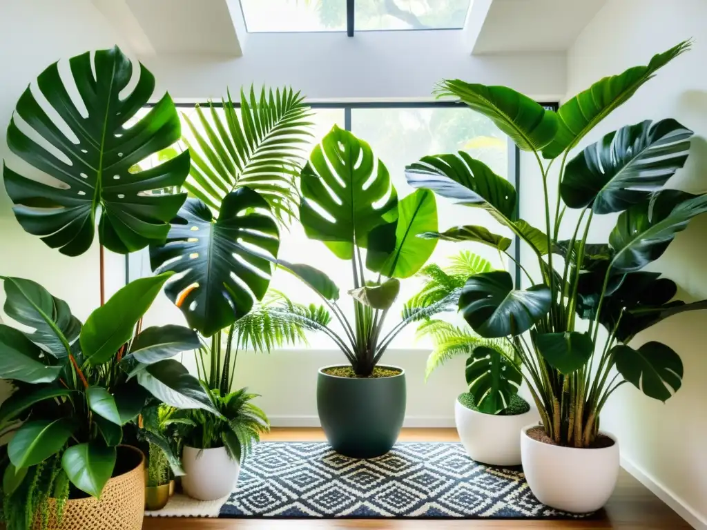 Un jardín tropical exuberante, con plantas exóticas en macetas modernas