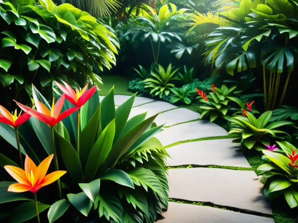 Jardín tropical exuberante con vegetación vibrante y flores tropicales coloridas, y un sereno camino de piedra