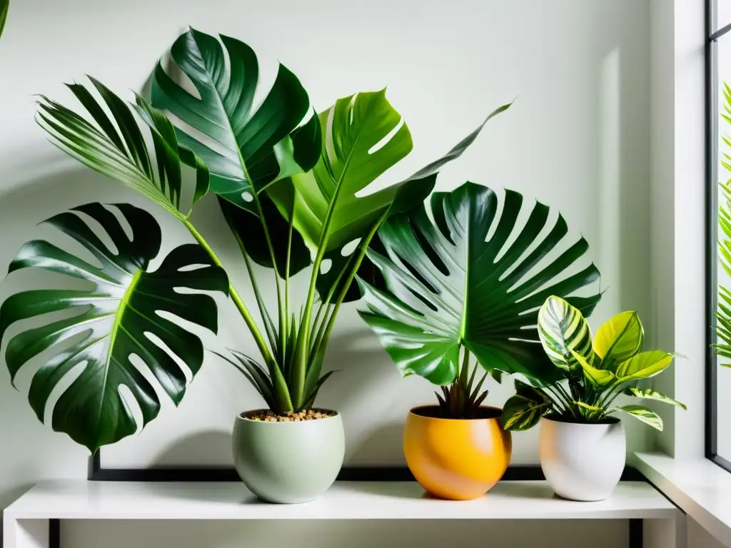 Un jardín tropical interior minimalista con exuberante vegetación verde, incluyendo hojas de palma, plantas de monstera y flores tropicales vibrantes