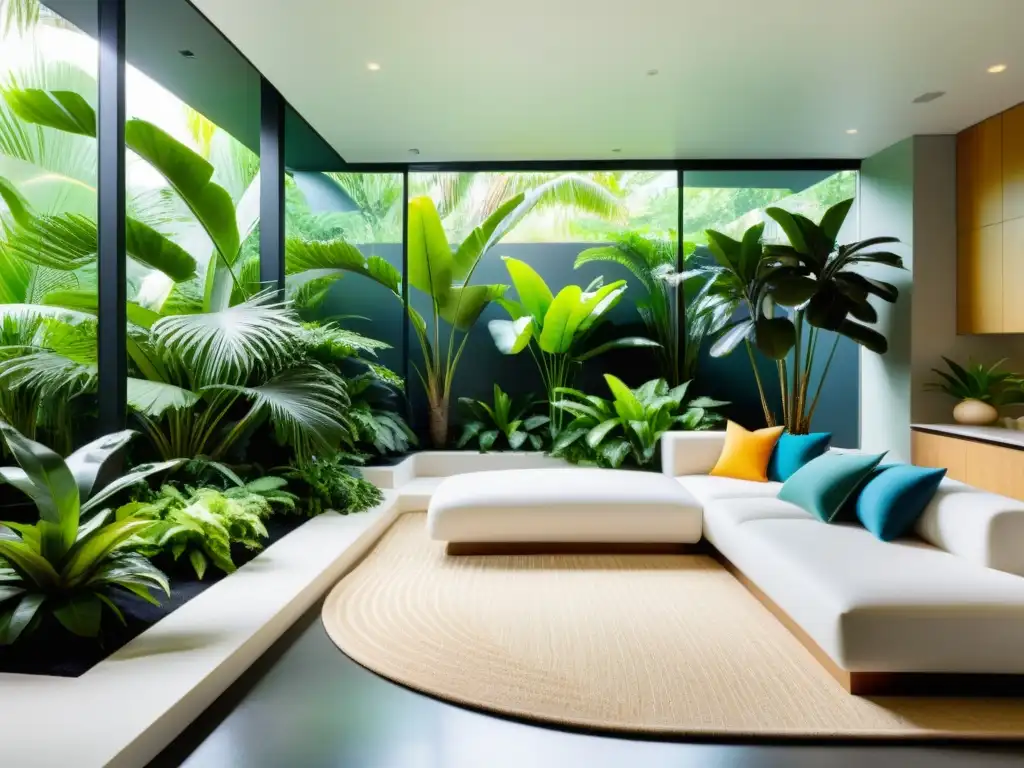 Un jardín tropical interior sereno y minimalista, con exuberante vegetación y sendero de guijarros blancos, un espacio tranquilo y armonioso