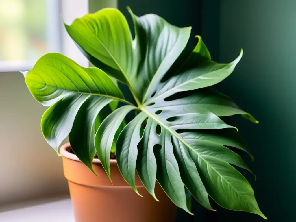 Una fotografía de alta resolución y ultra detallada de una exuberante planta de interior bañada en suave luz natural