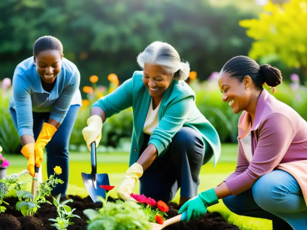 Unidad y colaboración en actividades educativas de jardinería comunitaria, plantando flores coloridas en un jardín compartido bajo el cálido sol