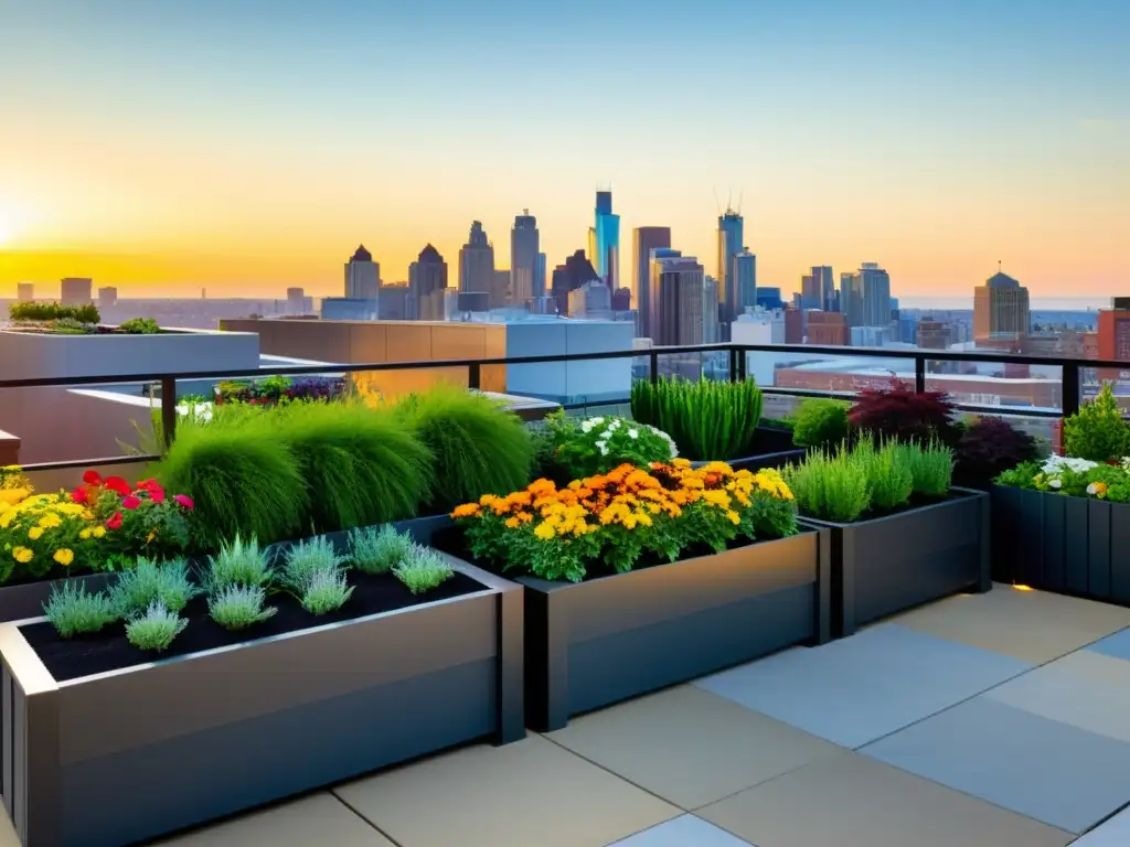 Un jardín urbano en la azotea con camas elevadas ordenadas y plantas vibrantes