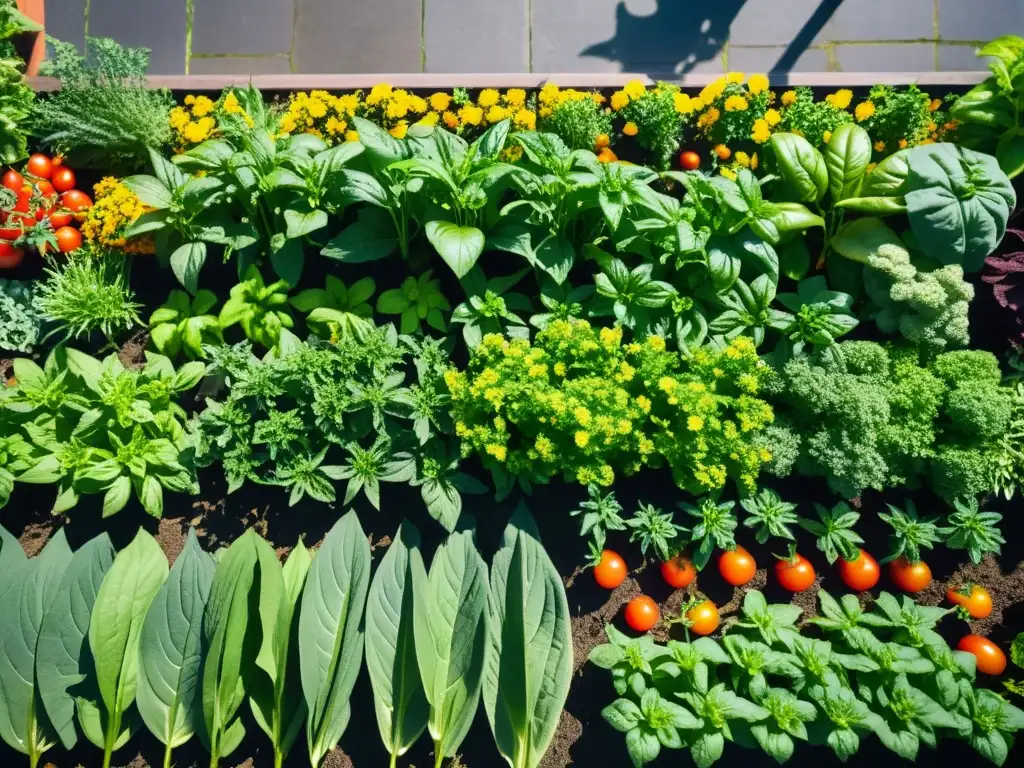 Un jardín urbano exuberante y armonioso con plantas compañeras en agricultura urbana, bañado por la luz del sol