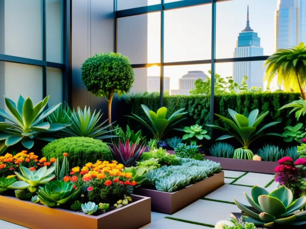 Jardín urbano exuberante con plantas y flores vibrantes en armonía con la arquitectura moderna