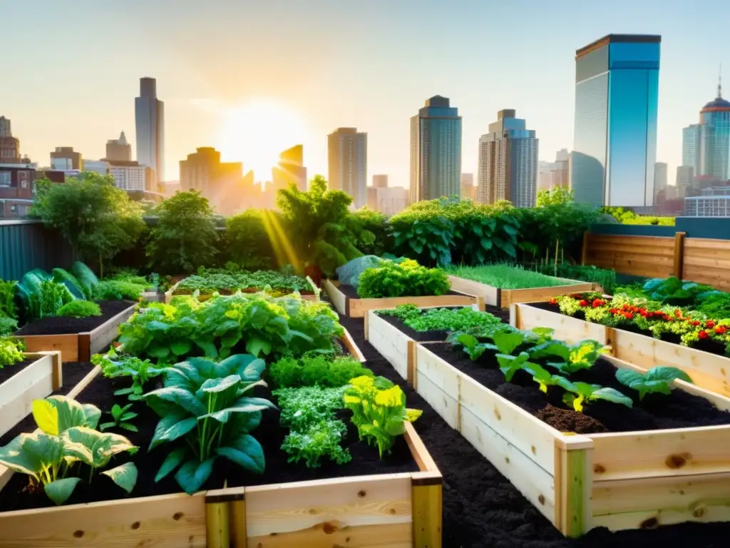 Jardín urbano exuberante con plantas verdes y hortalizas coloridas en camas elevadas y contenedores