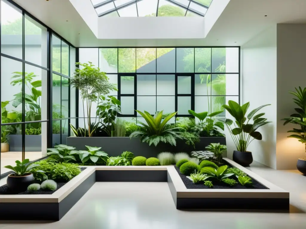 Jardín urbano interior de tendencias con diseño minimalista y vegetación exuberante en un espacio contemporáneo y armonioso