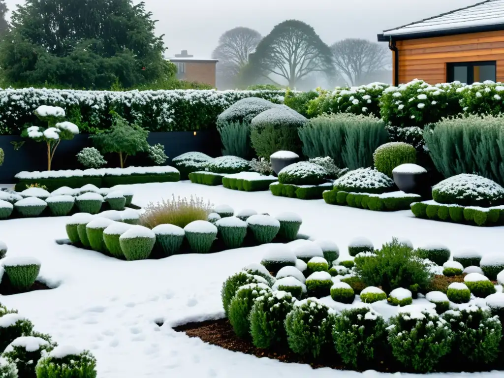 Un jardín urbano invernal, con plantas resistentes al frío asomándose entre la nieve