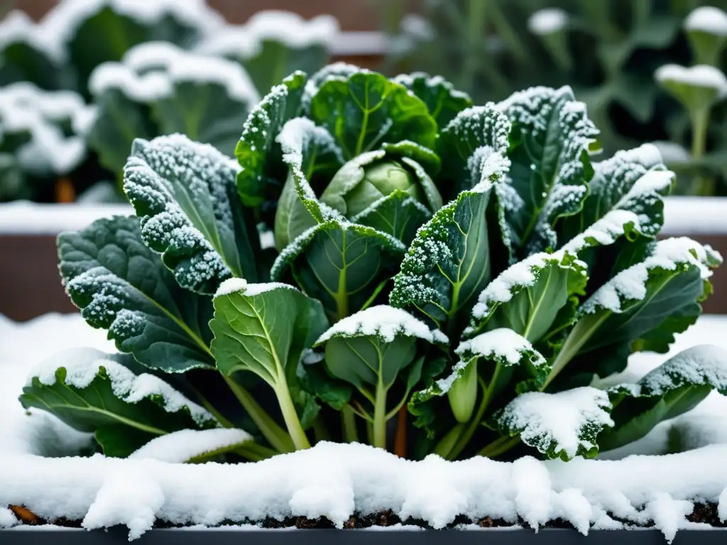 Un jardín urbano de invierno cubierto de nieve, con vegetales de invierno como kale, zanahorias y coles de Bruselas