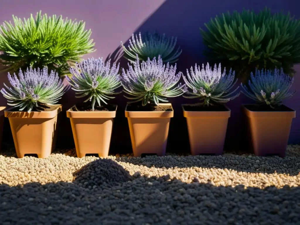 Un jardín urbano minimalista con lavanda en macetas