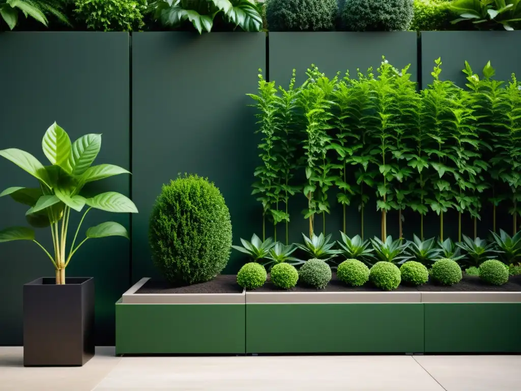 Un jardín urbano minimalista lleno de plantas verdes exuberantes en macetas modernas