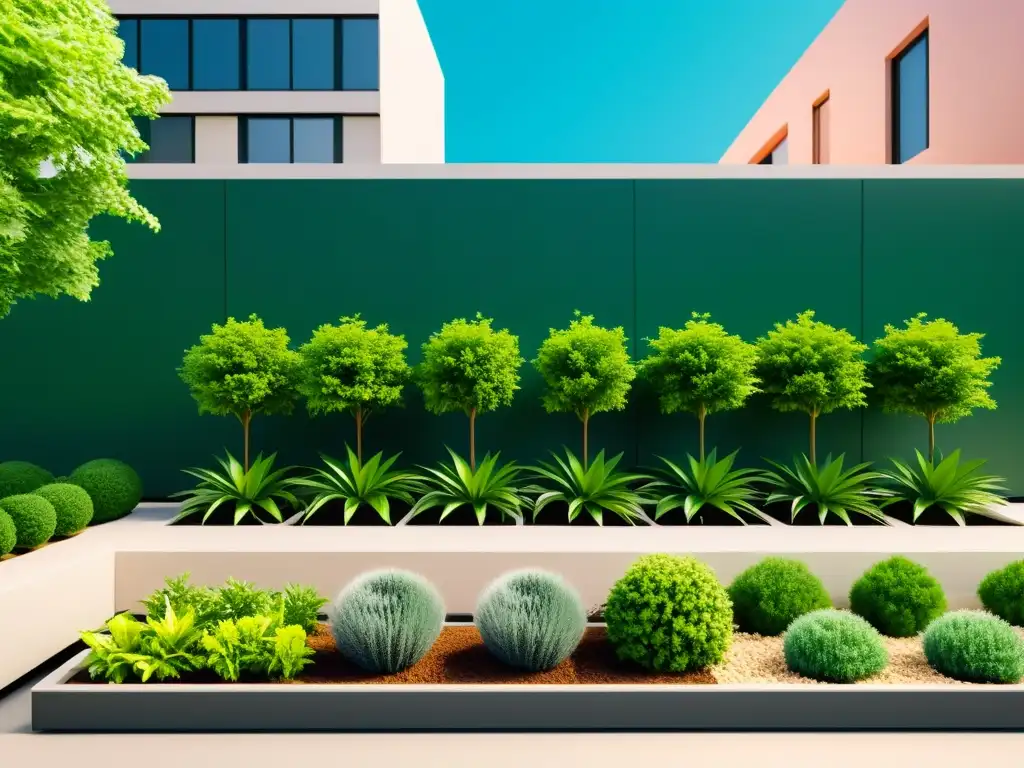 Jardín urbano moderno con plantas vibrantes en macetas elegantes